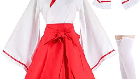 Japanese Anime red and White Kimono Fox Cosplay Costume with Socks