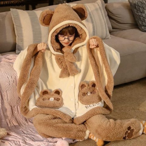 Japanese KAWAII Girl Lolita Bear Ear Hooded Pajama Set