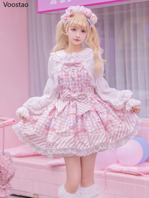 Japanese Kawaii Sweet Lolita Cartoon Print Princess Lace Dress